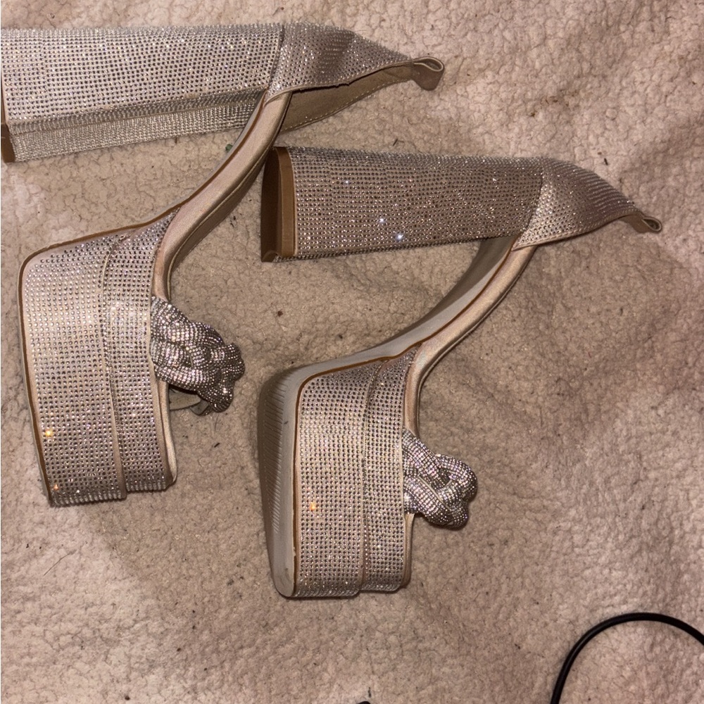 Silver Platform Shoes with Chunky Heel and Crystal Detail